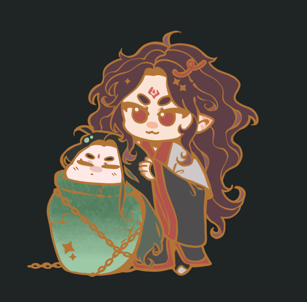 A chibi pin design from Scum Villain’s Self Saving System. Taken from when Shen Jiu is kept in a pot by Luo Bingge. Luo Bingge is petting Shen Jiu’s hair while Shen Jiu closes his eyes.