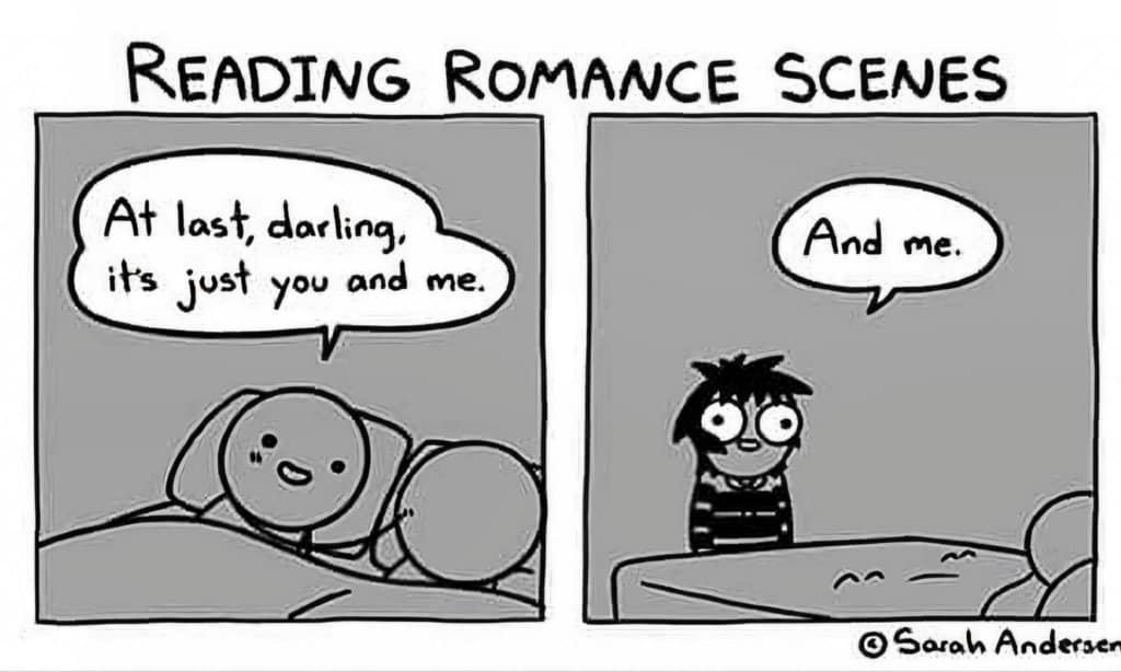 Comic of a romance reader watching people in bed