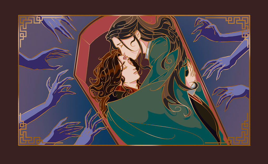 A pin design from the coffin scene in Scum Villain’s Self Saving System. Shen Qingqiu is holding Luo Binghe, kissing his forehead and zuiyin mark while they hide in a coffin from the undead guards in the mausoleum.