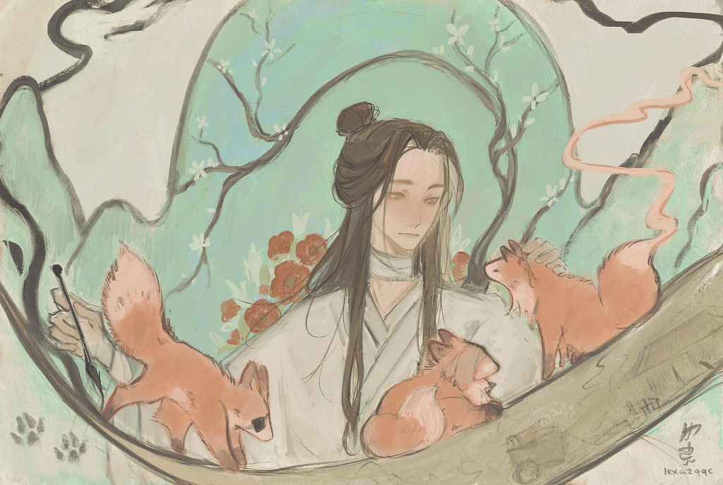 Xie Lian surrounded by three foxes, one with a visible eyepatch.