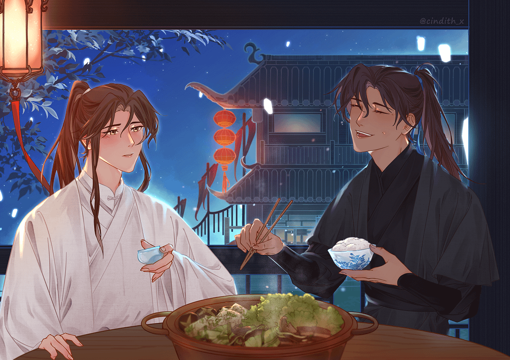 Chu Wanning and Mo Ran sharing a hotpot at a restaurant