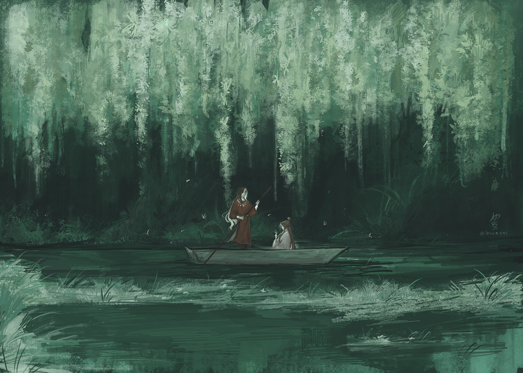 Hua Cheng and Xie Lian sitting in a boat surrounded by green water and landscape