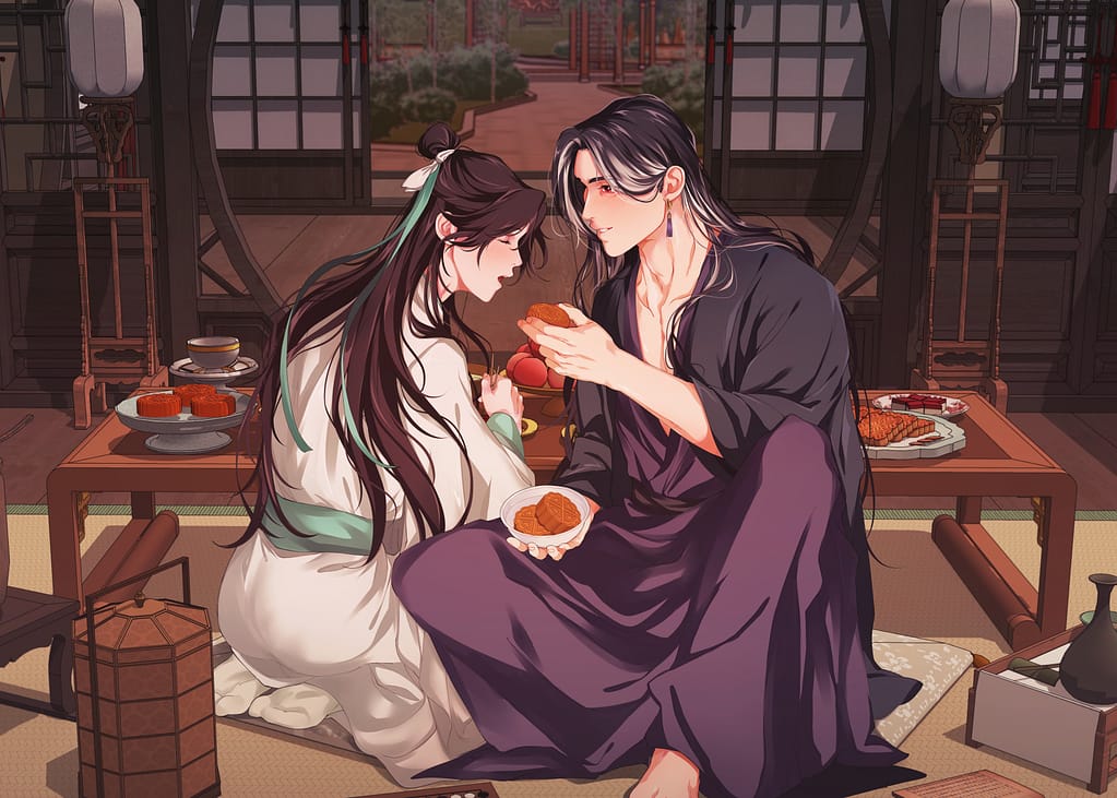 Yan Wushi and Shen Qiao sharing mooncakes