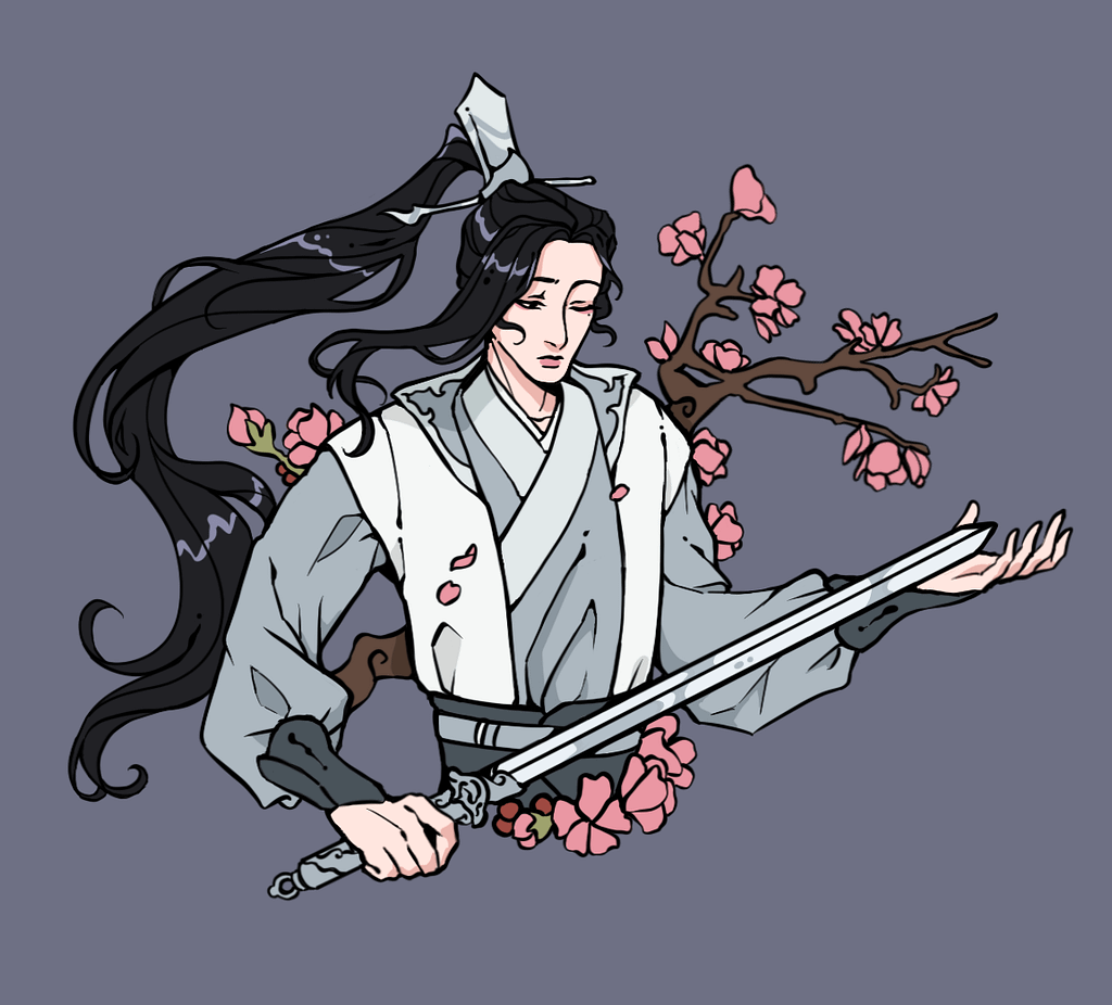A pin design of Liu Qingge from Scum Villain’s Self Saving System. He is holding a sword with hair flowing and a blooming plum branch behind him.