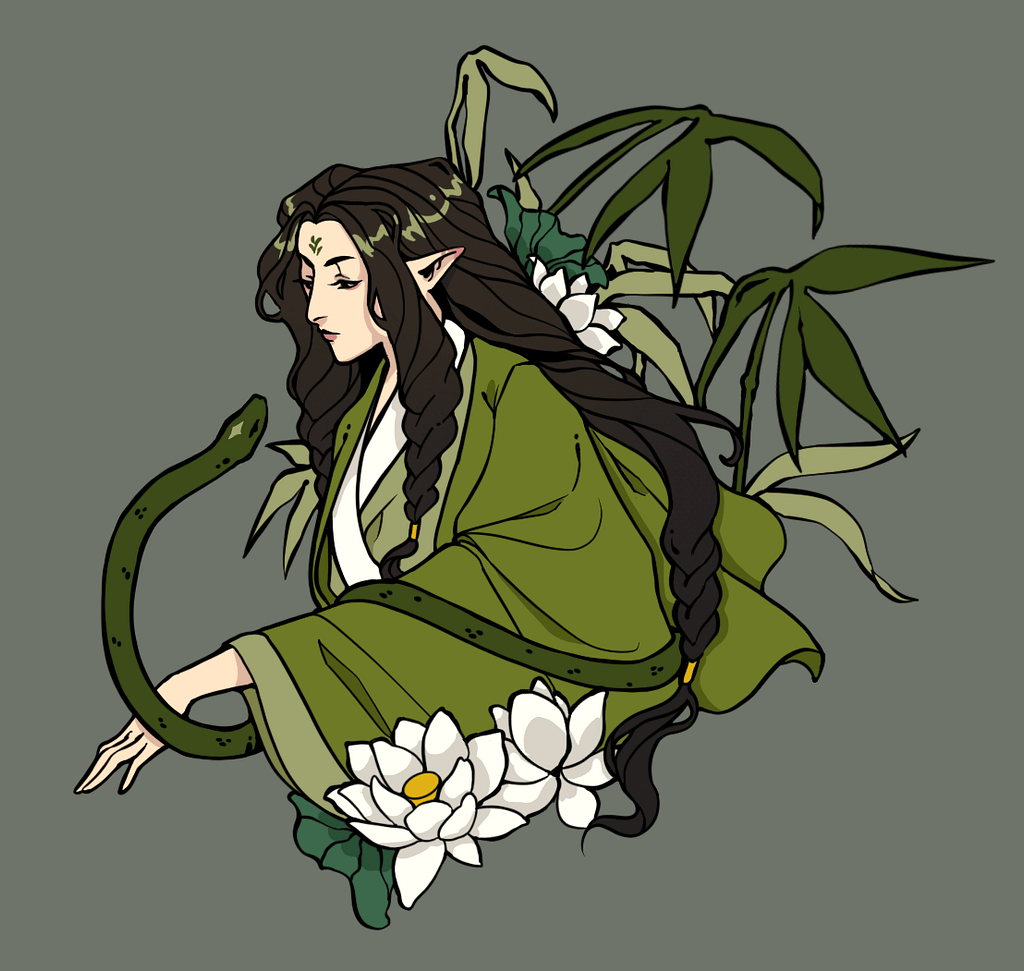 A pin design from Scum Villain’s Self Saving System. Zhuzhi-Lang is gazing at a snake, he is surrounded by bamboo and lotus blossoms and stalks.