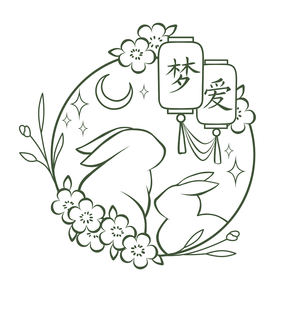 Green logo with two rabbits, two lanterns with the Chinese characters for dream and love in them, framed by peach blossoms.