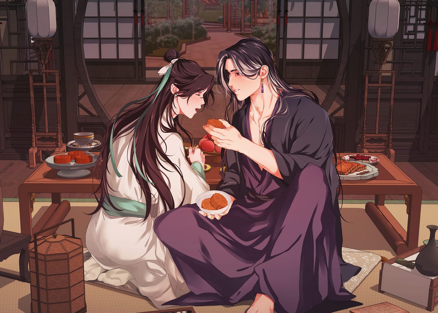 Yan Wushi and Shen Qiao sharing mooncakes