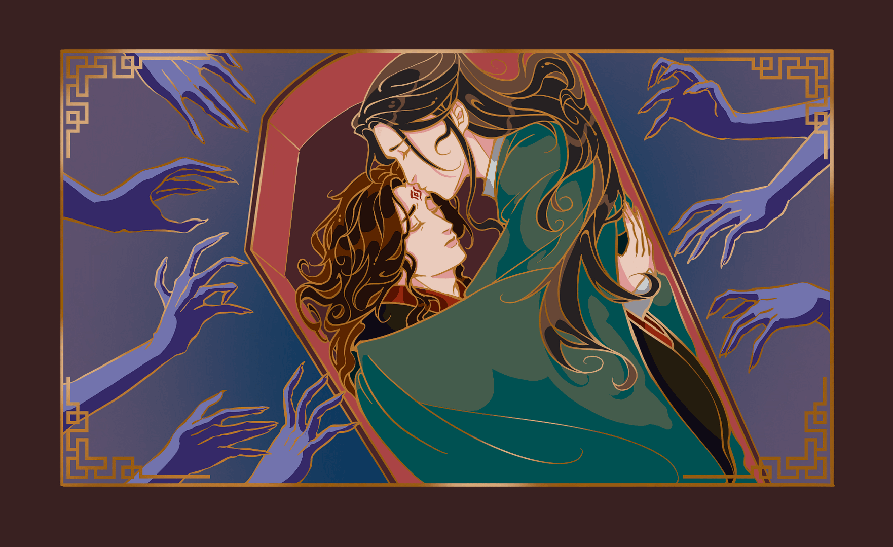 A pin design from the coffin scene in Scum Villain’s Self Saving System. Shen Qingqiu is holding Luo Binghe, kissing his forehead and zuiyin mark while they hide in a coffin from the undead guards in the mausoleum.