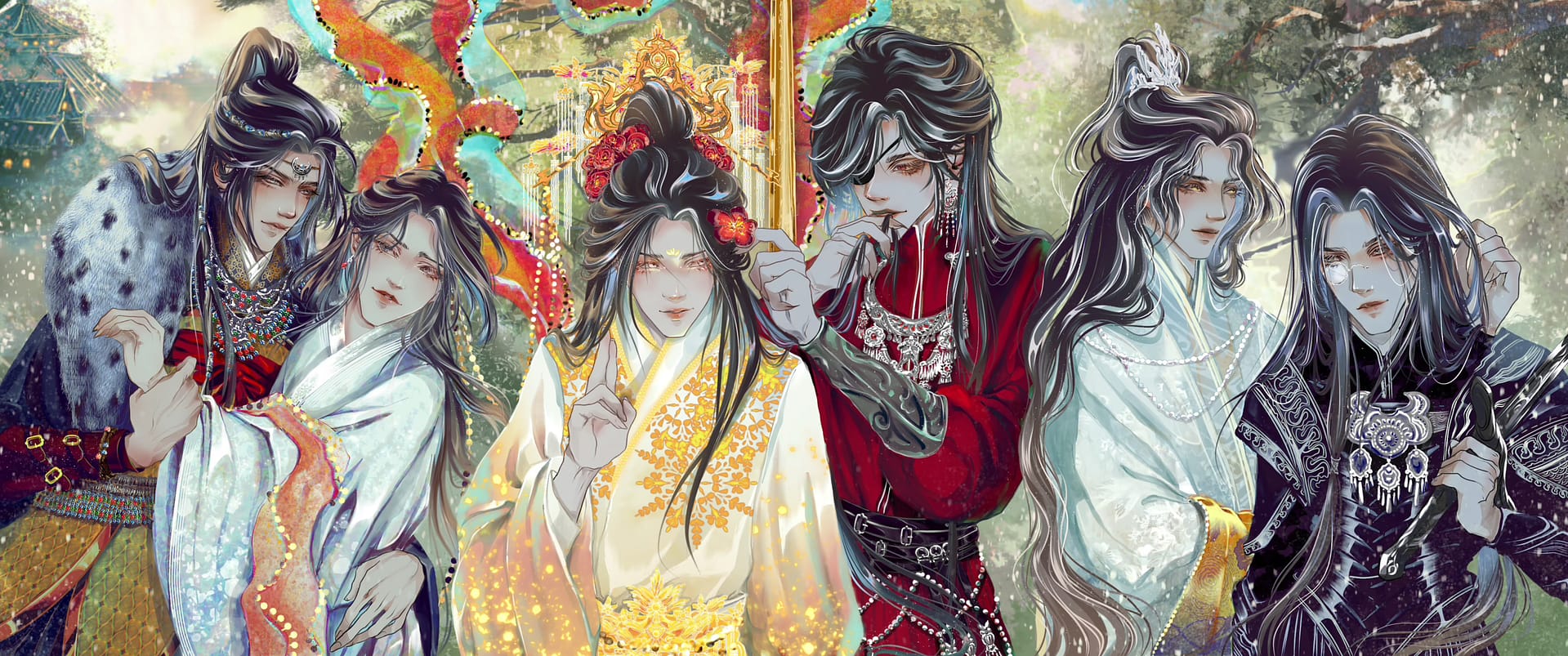 Detailed image of Xiao Chiye, Shen Zechuan, Xie Lian, Hua Cheng, and Chang Geng and Gu Yun. Created for Danmei Dreams by Linlin.