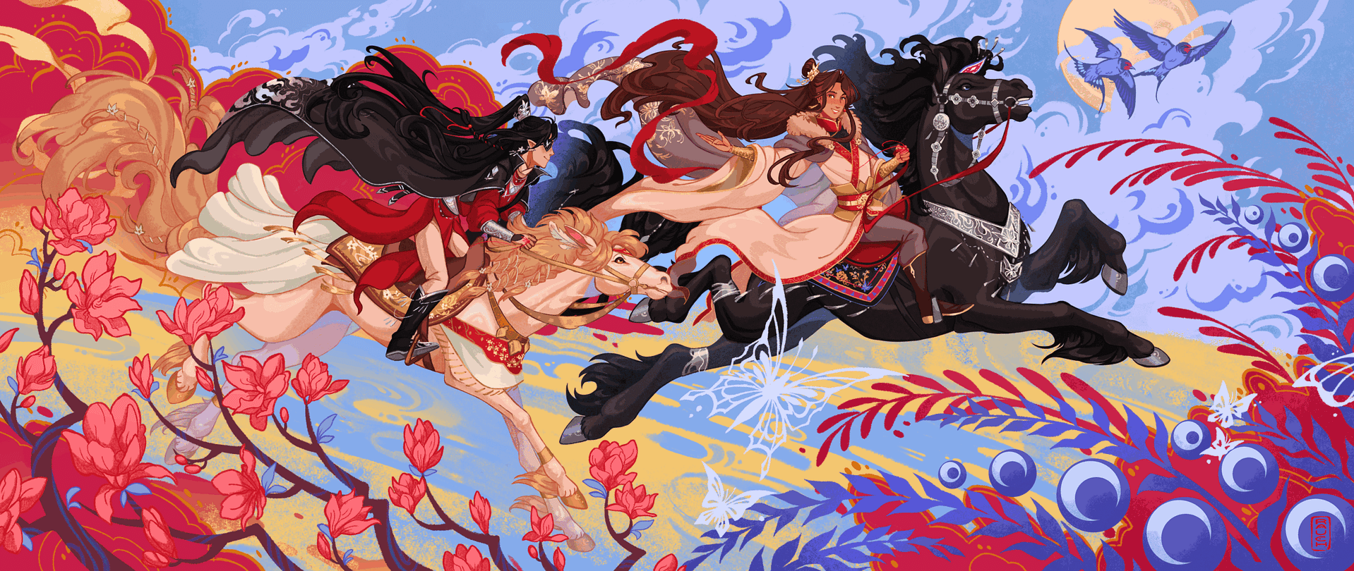 TGCF fan art. Xie Lian and Hua Cheng galloping on horses. Xie Lian has a sturdy black horse, decorated with silver. Hua Cheng has a white elegant horse, decorated in the colors of Xie Lian’s attire — white, red and gold.
