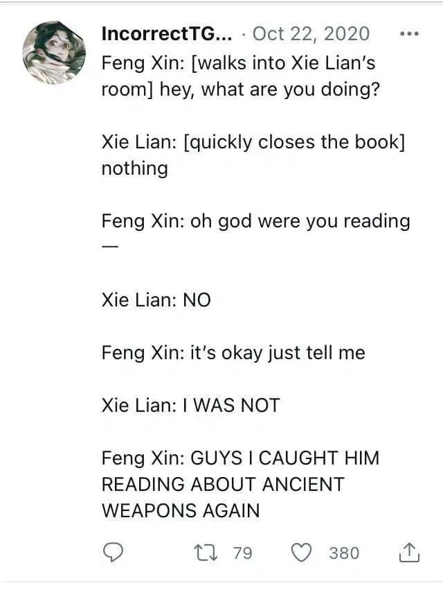 Text of Feng Xin catching Xie Lian reading about swords