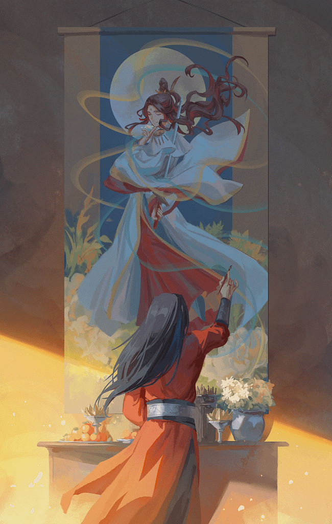 Image of Hua Cheng painting an altar image of the Crown Prince of Xianle in Puqi Shrine