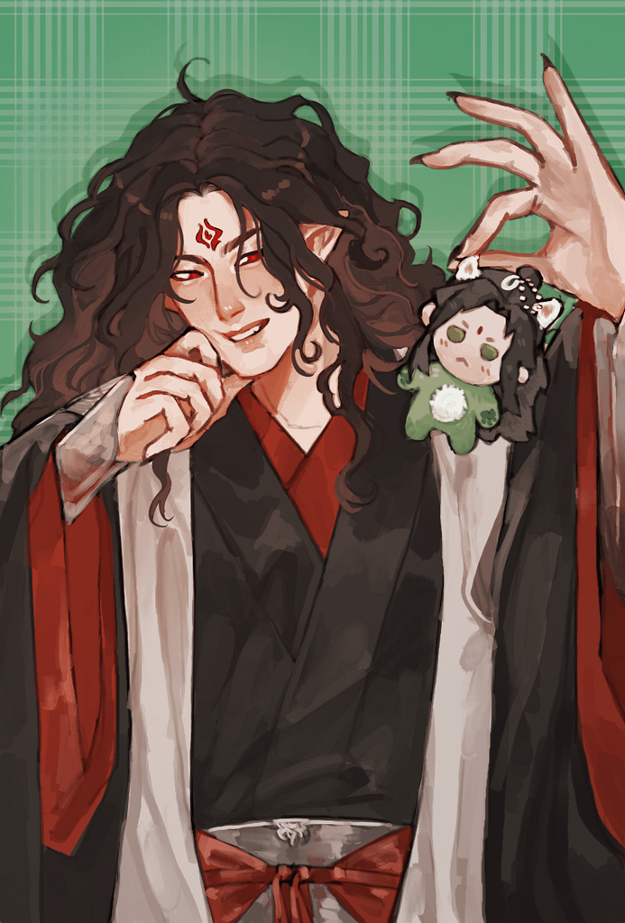Luo Bingge pinching a stuffed Shen Jiu doll between his fingers, smiling wryly and leaning his head on his hand.