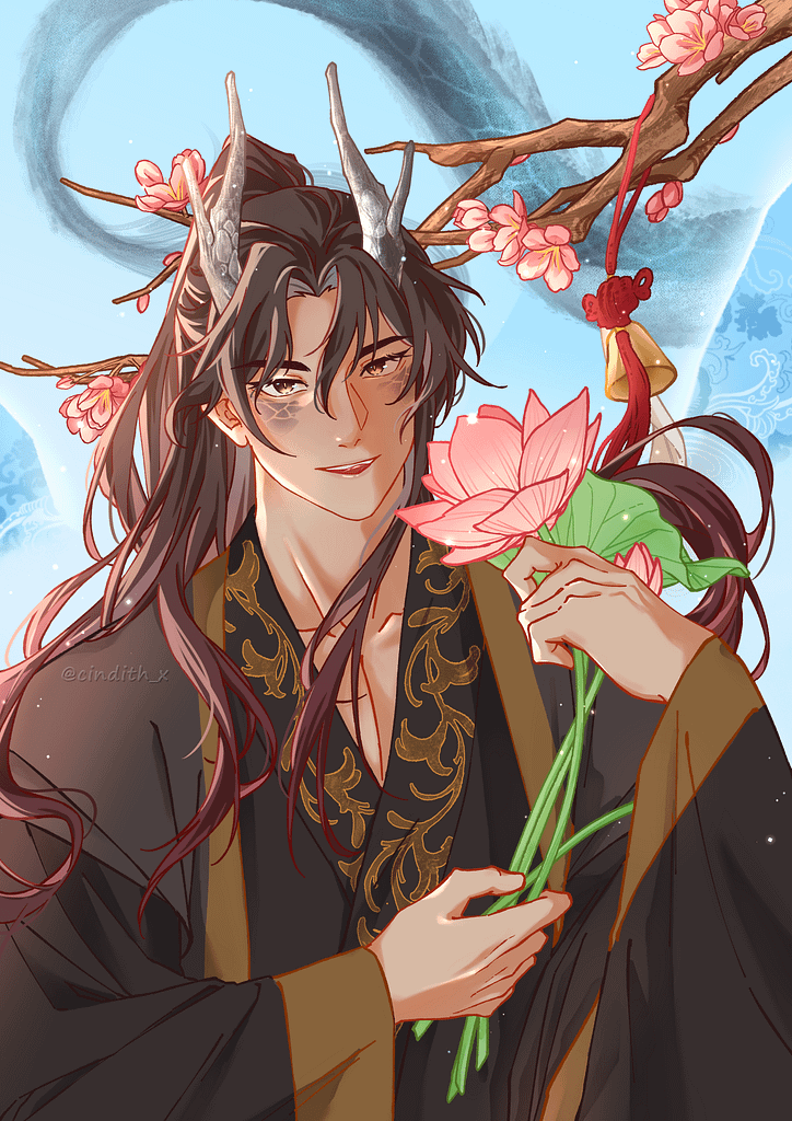 Cang Ji posing with lotus plants over the background of a moving dragon