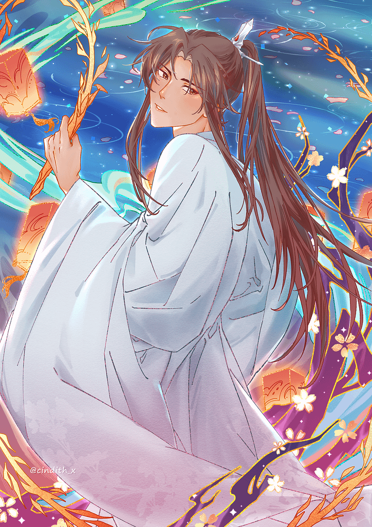 Chu Wanning holding Tianwen over a water-themed background