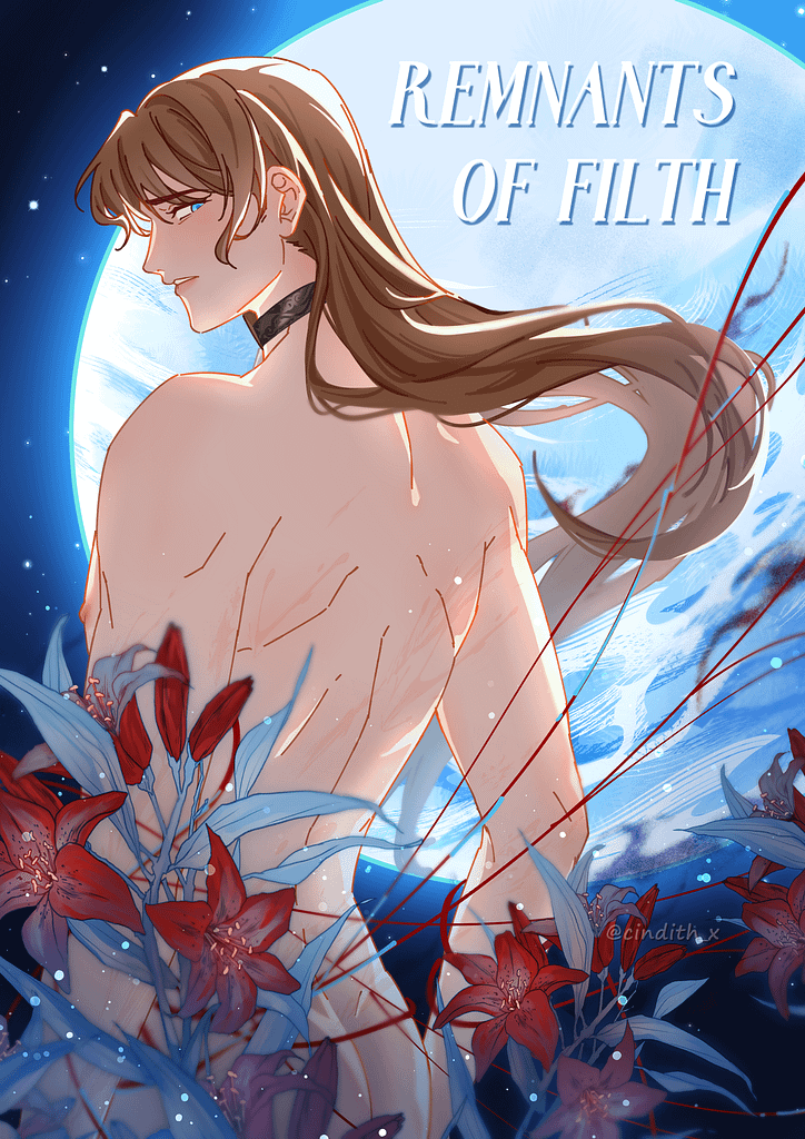 Gu Mang posing in front of the moon with his lower body slightly obscured by flowers.