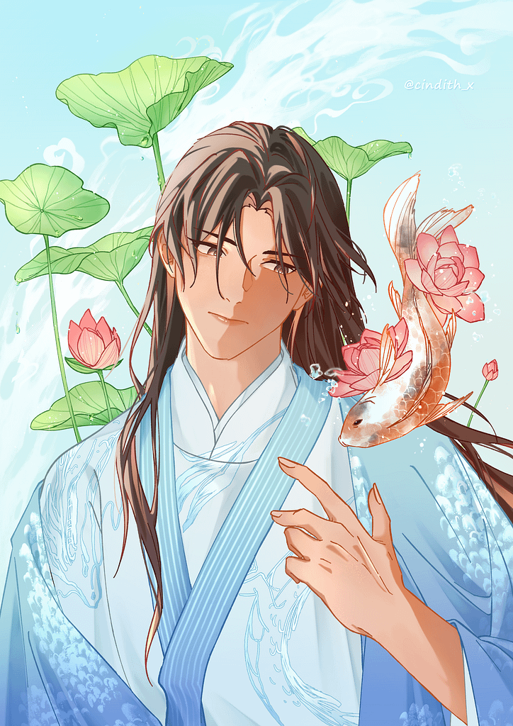 Jing Lin reaching towards the carp form of Cang Ji over sprouts of lotus leaves and flowers