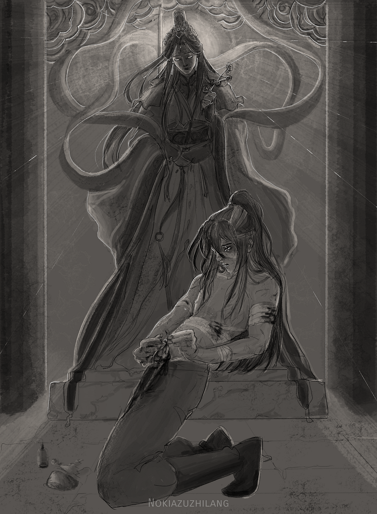 Honghong-er piercing his belly button with his god's pearl in front of a statue of the Flower Crowned Martial God