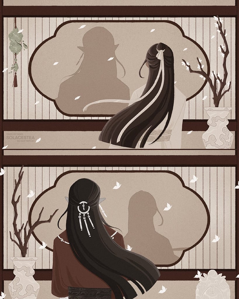 A two panel coloured fanart of Hualian, who are separated from each other by a wall, only able to see one another’s shadows through the paper screen. On the top panel, XL looks at HC’s shadow as his ribbon sways. There is a broken jade token hanging on the wall to his left, and a branch with little white flowers on a vase. XL is surrounded by the white petals of the white flowers. On the bottom panel, HC looks at XL’s shadow and his hair flows with the breeze. To his left there’s a bare branch on a vase, and to his right there’s a shiny stone statue of Taizi Dianxia. He’s surrounded by white butterflies.