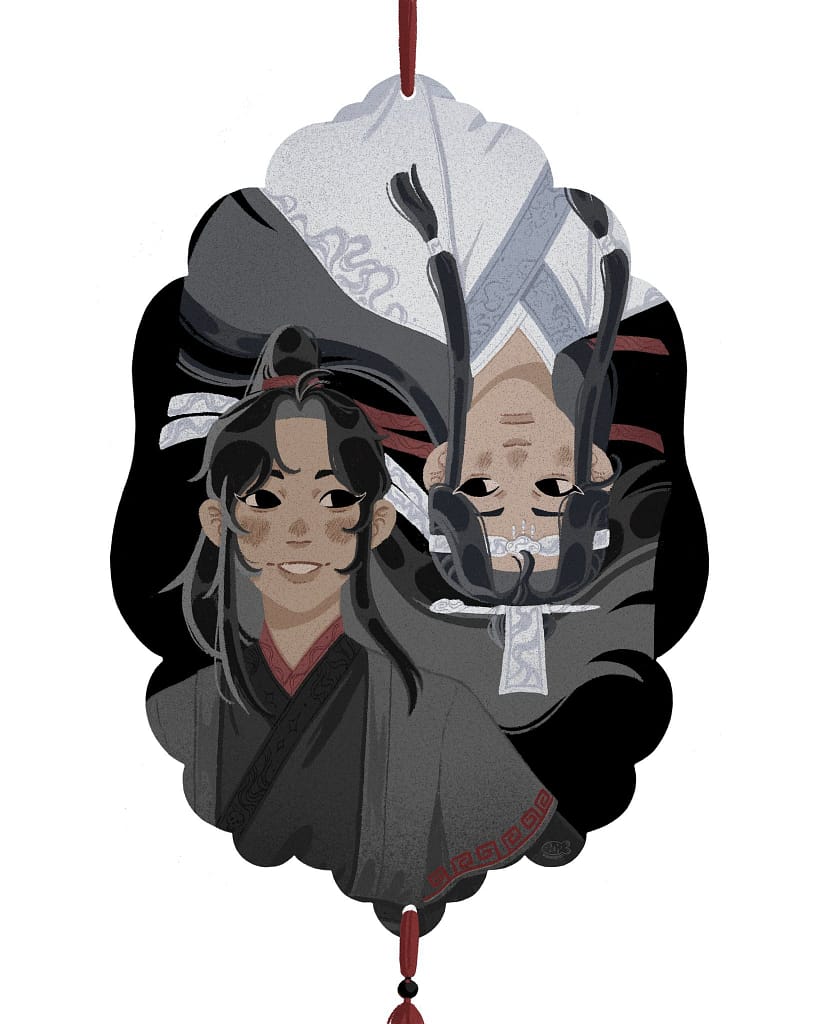 Coloured Wangxian fanart, vaguely inspired by the shape of the yin tiger tally. Inside the tiger tally, Wei Wuxian and Lan Wangji are looking at each other. Wei Wuxian smiles at Lan Wangji, while the latter has a slight soft expression on his face.