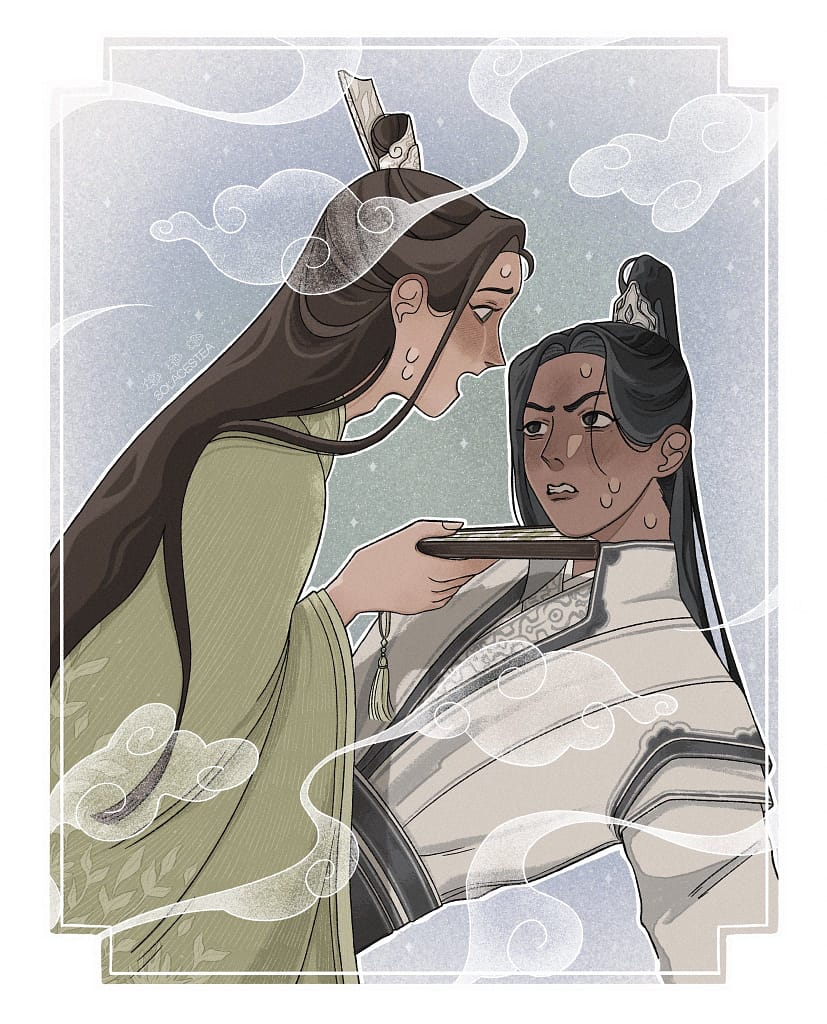 Coloured Liushen fanart of them blushing. SQQ is on top of LQG, holding his chin up with his fan.