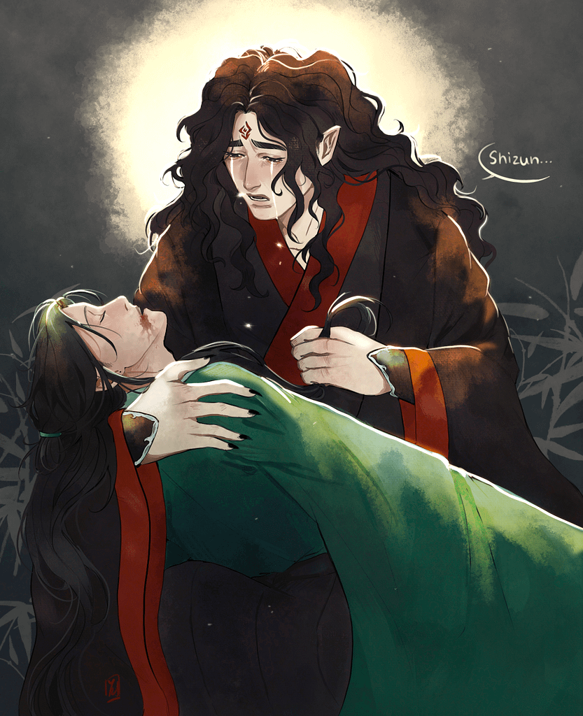 Luo Binghe cradling Shen Qingqiu after Shen Qingqiu self-destructs in battle. Luo Binghe is crying and mumbling “Shizun” while Shen Qingqiu lies unconscious in his arms, his protagonist halo around him.