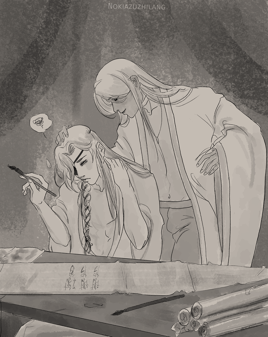 Hua Cheng failing at calligraphy lessons while Xie Lian looks on