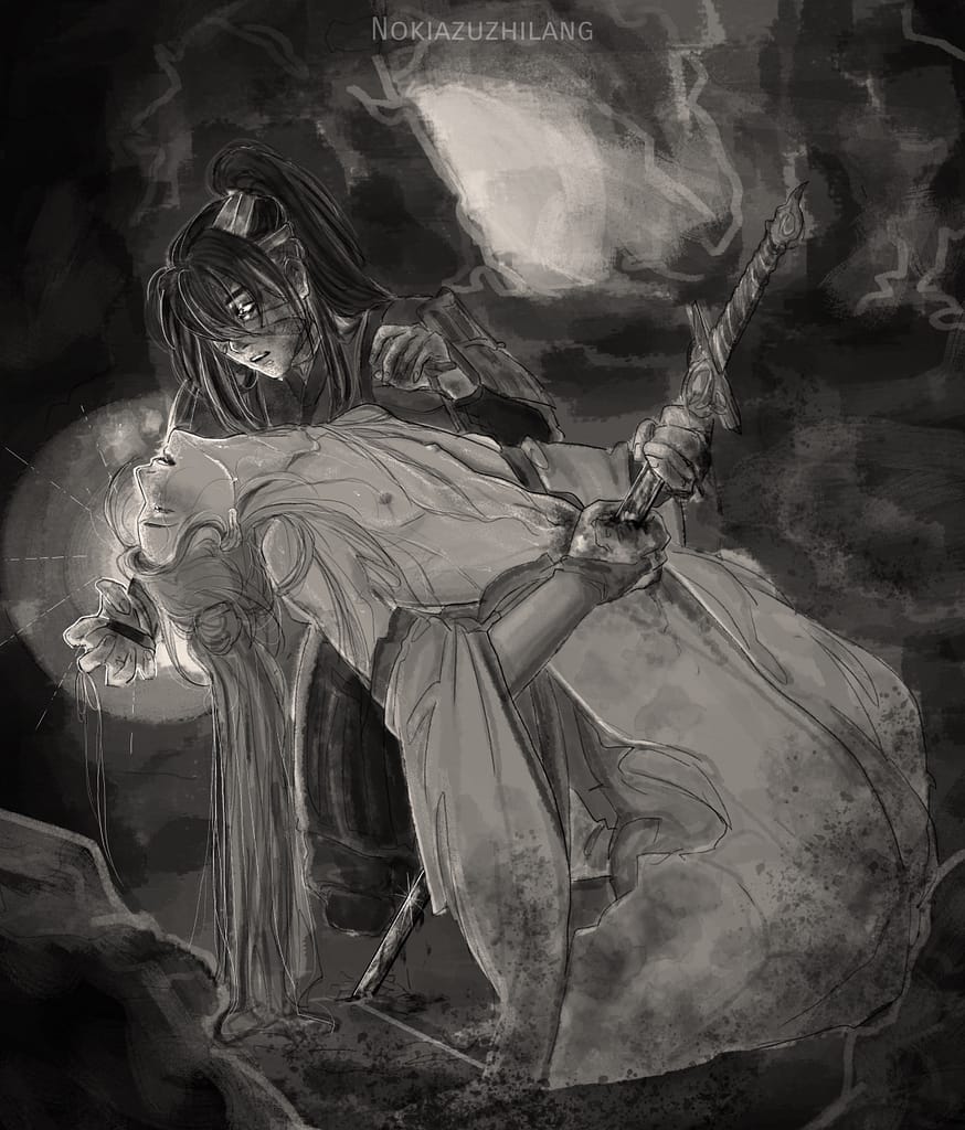 Honghong-er attending to a blissed out Xie Lian after he has stabbed himself during the Land of the Tenders arc.  Art by Pu commissioned for Danmei Dreams.