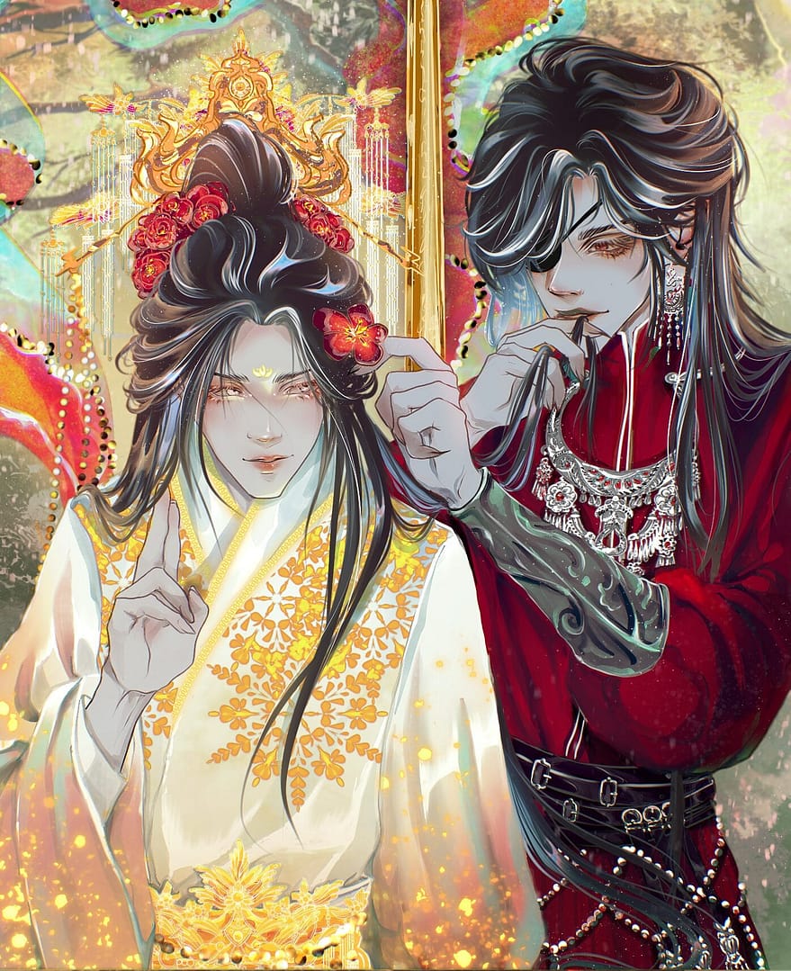 Xie Lian and Hua Cheng in resplendent costumes
