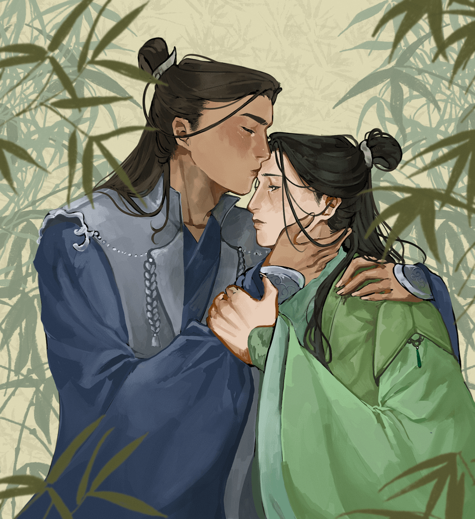 Yue Qingyuan and Shen Jiu are holding each other, Yue Qingyuan has his eyes closed with his lips to Shen Jiu’s forehead while Shen Jiu looks away, but holds Yue Qingyuan’s wrist. There are bamboo accents.