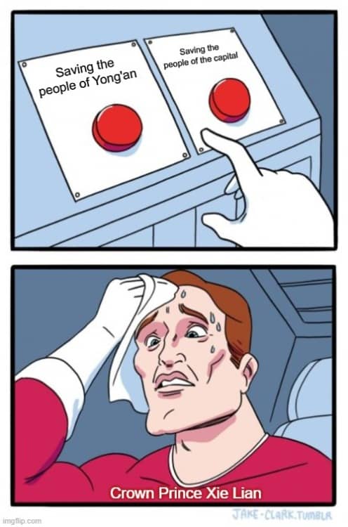 Xie Lian deciding whether to laugh or cry
