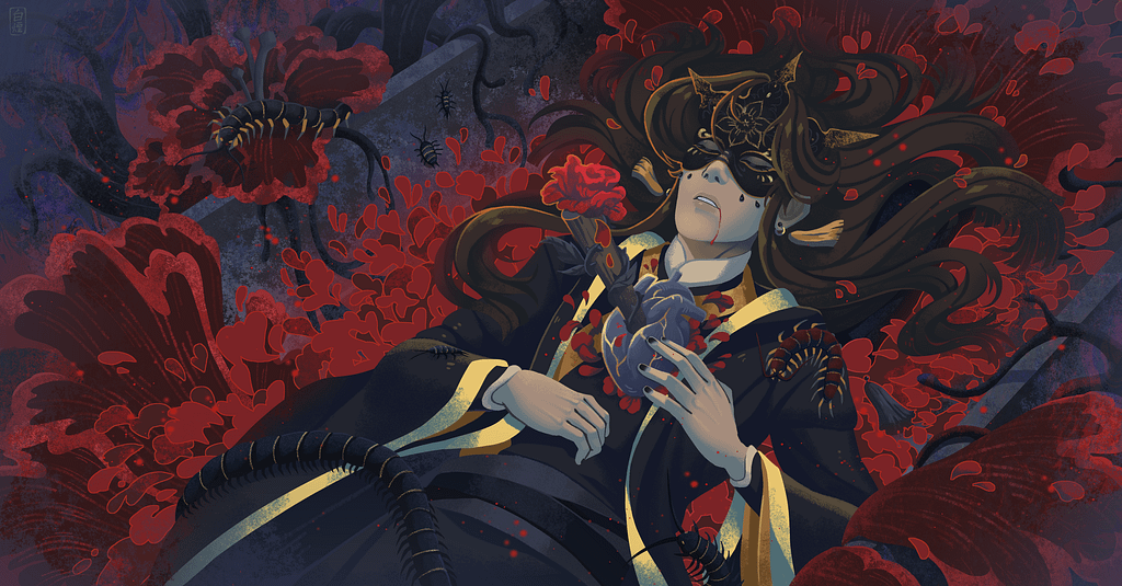 TGCF fan art. Xie Lian dressed as a Fangxin guoshi lying in a stone coffin. A coffin is filled with red petals and there are bugs and centipedes crawling around. Xie Lian is wearing a black spiked mask, his eyes closed, there is a blooming stake running through the heart laying on top of his chest.