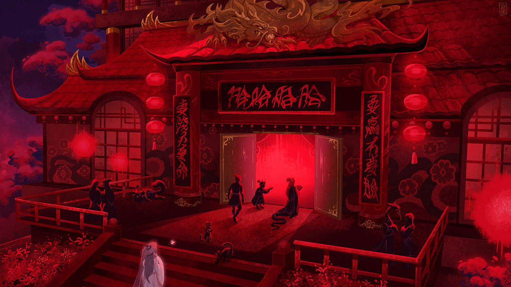 TGCF fan art. A scenery featuring Xie Lian ascending steps to a Gambler Den’s entrance in the Ghost City. The entrance is decorated by red lanterns, plaques with Hua Cheng’s calligraphy and a golden dragon holding a pearl in its mouth on the roof above the gates. There are various ghosts and demons scattered around the place.