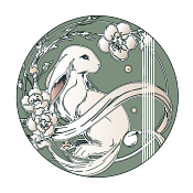 Green circle with a rabbit and peach blossoms in it