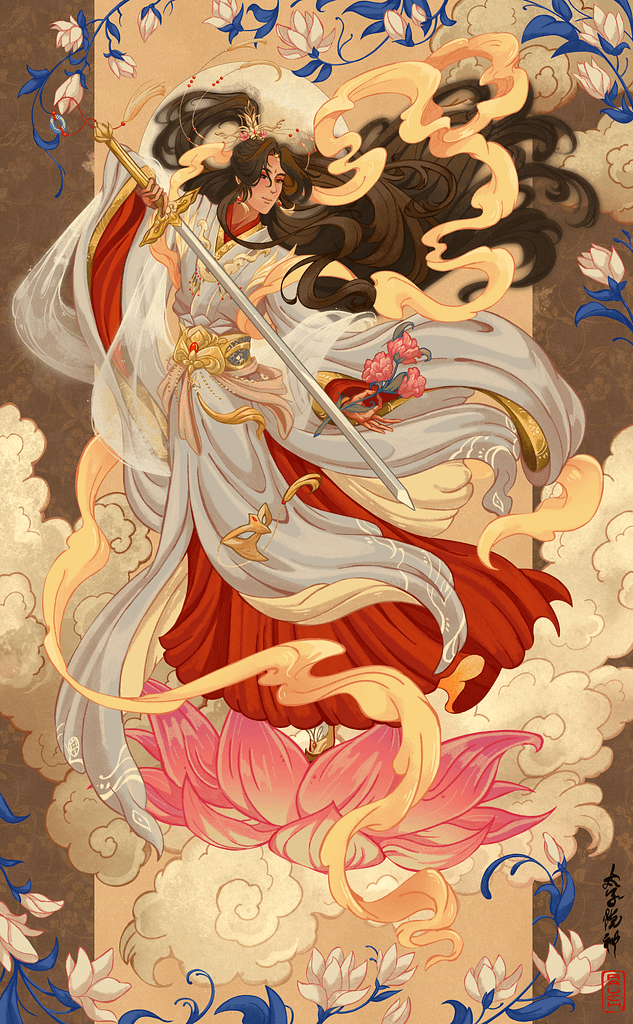 TGCF fan art. A scroll-like painting of Xie Lian dressed as a God-Pleasing Crown Prince. He’s holding a flower branch in his hand and a sword in another while standing on a lotus. He’s surrounded by clouds and magnolia branches.