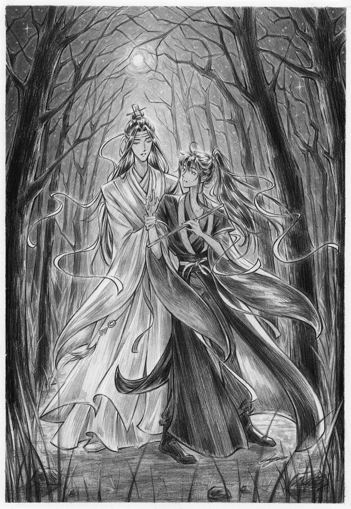 Image of Lan Wangji grabbing the wrist of a mysterious flute player amongst the trees. Art by the amazing jgm.draws (Julia)