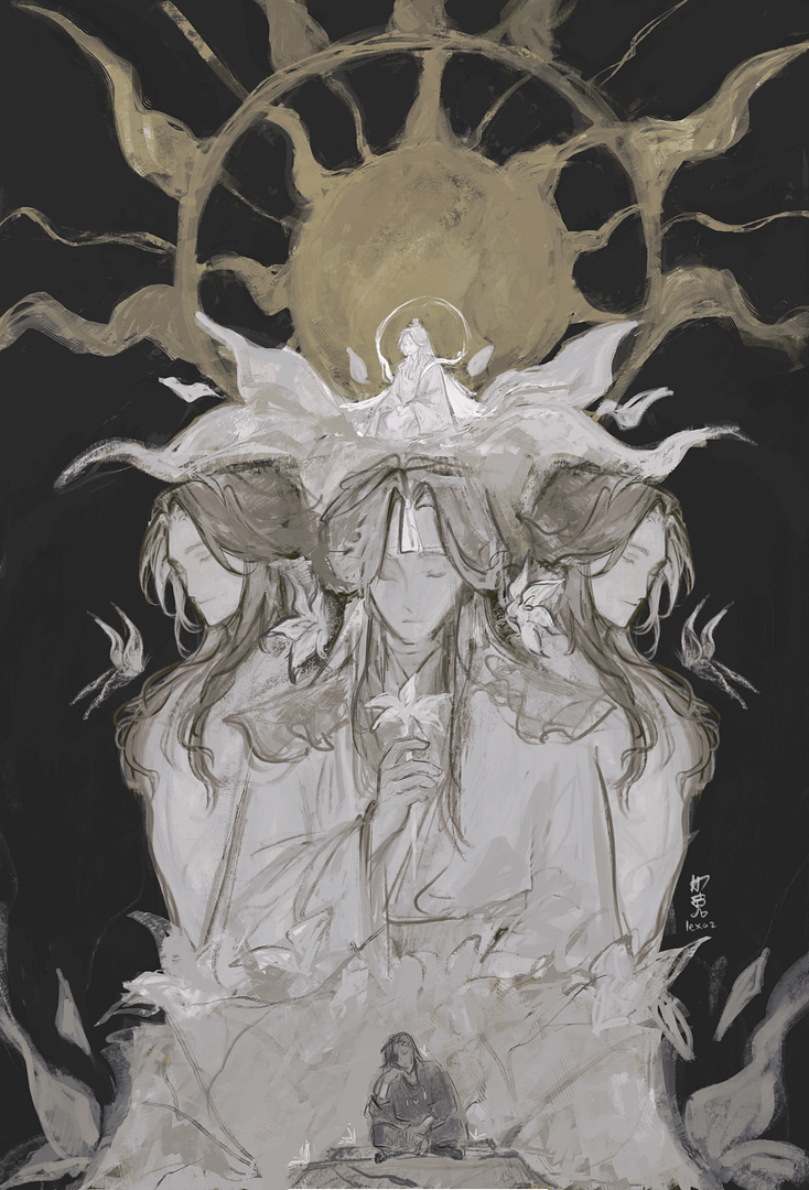 Image of Xie Lian as a large three-part statue, a sun behind with Hua Cheng sitting below