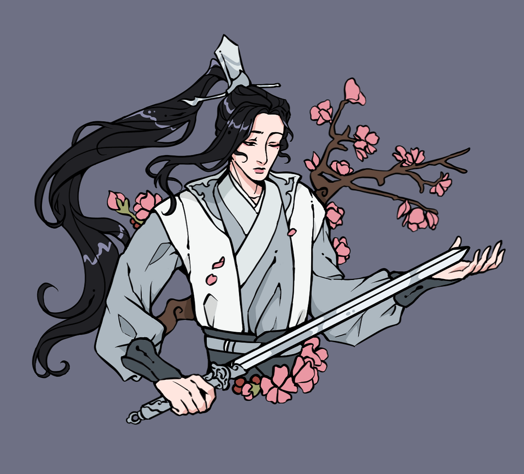 A pin design of Liu Qingge from Scum Villain’s Self Saving System. He is holding a sword with hair flowing and a blooming plum branch behind him.